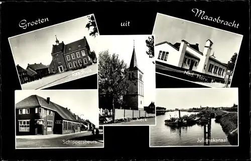 Ak Maasbracht Limburg Niederlande, Raadhuis, Ned. Herv. Kerk, Schippersbeurs, Julianakanaal