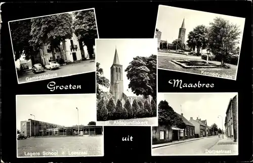 Ak Maasbree Limburg Niederlande, St. Aldegundiskerk, Kennedy-plein, Dorpsstraat, Lagere School