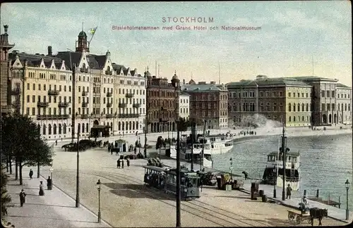 Ak Stockholm Schweden, Blasieholmshamnen, Grand Hotel, Nationalmuseum, Straßenbahn
