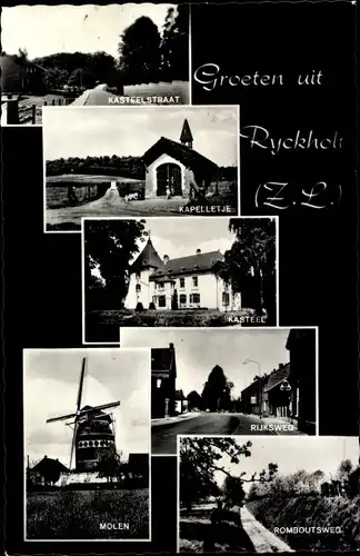 Ak Rijckholt Limburg Niederlande, Kasteelstraat, Kappelletje, Kasteel, Rijksweg, Molen, Romboutsweg