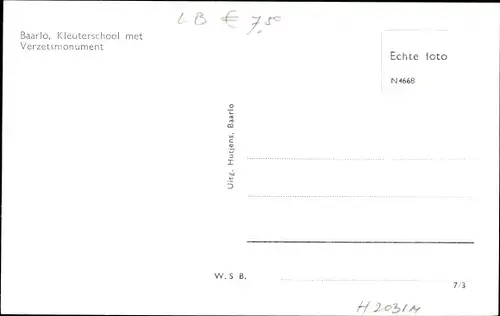 Ak Baarlo Peel en Maas Limburg Niederlande, Kleuterschool met Verzetsmonument
