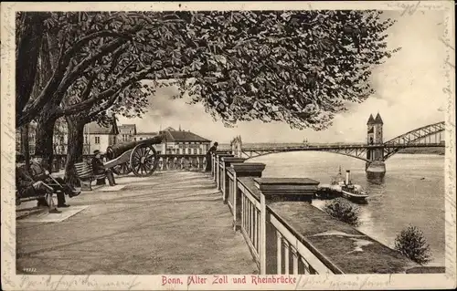 Ak Bonn am Rhein, Alter Zoll und Rheinbrücke, Kanone