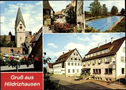 Ak Hildrizhausen in Württemberg, Bäckerei und Konditorei Bernd Reichardt, Kirche, Schwimmbad