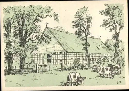 Ak Enger in Westfalen, Bartlings Hof bei Enger, nach einer Originalzeichnung von Günther Büsemeyer