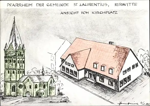 Ak Erwitte in Westfalen, Pfarrheim der Gemeinde St. Laurentius, Ansicht vom Kirchplatz