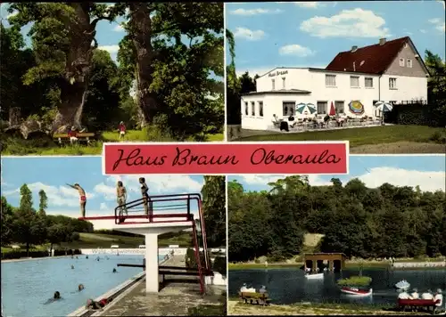 Ak Oberaula in Hessen, Haus Braun, Außenansicht mit Terrasse, Schwimmbad, Gewässer mit Booten