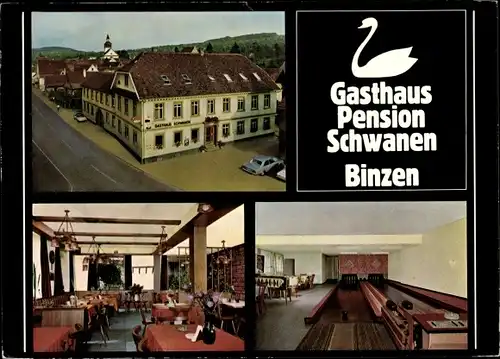 Ak Binzen in Baden, Gasthaus Pension Schwanen, Außenansicht, Speisesaal, Kegelbahn