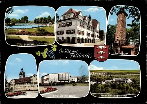 Ak Fellbach in Württemberg, Wappen, Kernosturm, Schillergymnasium, Heim am Kappelberg, Freibad