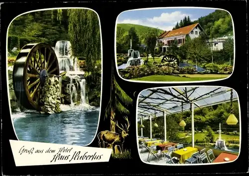 Ak Rieden in der Eifel, Riedener Mühle, Hotel Haus Hubertus, Mühlrad, Gebäude mit Springbrunnen