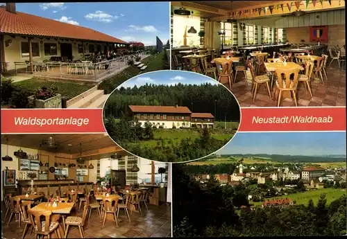 Ak Neustadt an der Waldnaab, Waldsportanlage, Terrasse, Gastraum, Umgebung