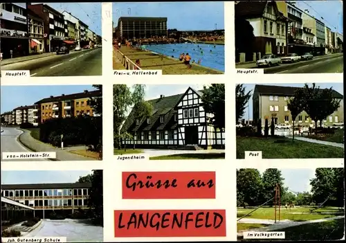 Ak Langenfeld im Rheinland, Hauptstr., Frei- und Hallenbad, Jugendheim, Post, Volksgarten