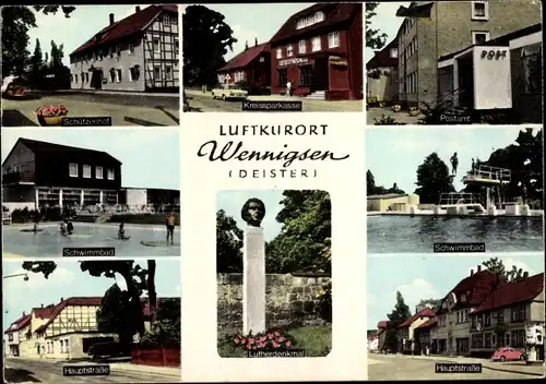 Ak Wennigsen am Deister, Schwimmbad, Hauptstraße, Postamt, Kreissparkasse, Lutherdenkmal