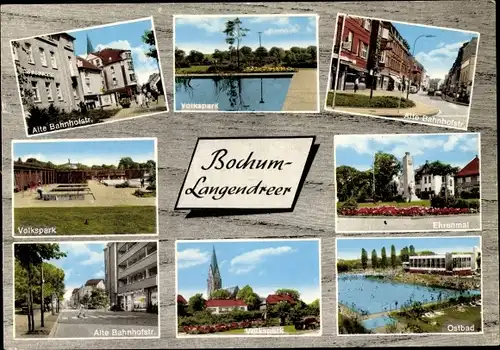 Ak Langendreer Bochum im Ruhrgebiet, Alte Bahnhofstraße, Volkspark, Ostbad, Ehrenmal