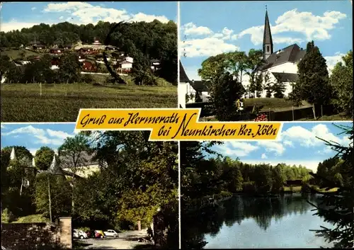 Ak Hermerath bei Neunkirchen in Nordrhein Westfalen, Gesamtansicht vom Ort, Kirche, Waldsee