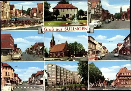 Ak Sulingen in Niedersachsen, Rathaus, Kirche, Kreiskrankenhaus, Straßenpartien