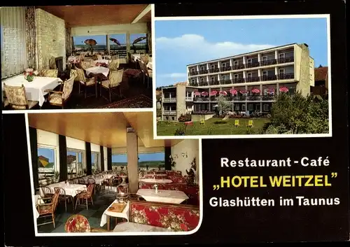 Ak Glashütten im Taunus Hessen, Restaurant Café Hotel Weitzel, Speiseraum, Balkone