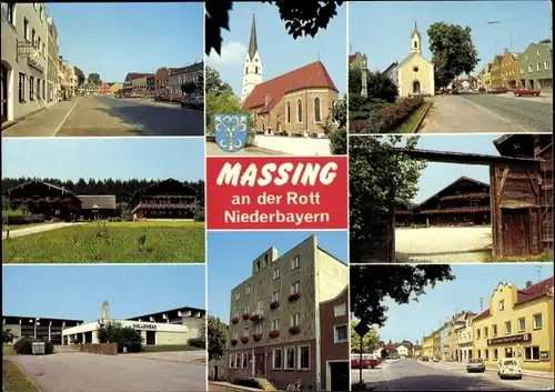 Ak Massing in Niederbayern, Straßenpartien, Kirche, Wappen, Hallenbad