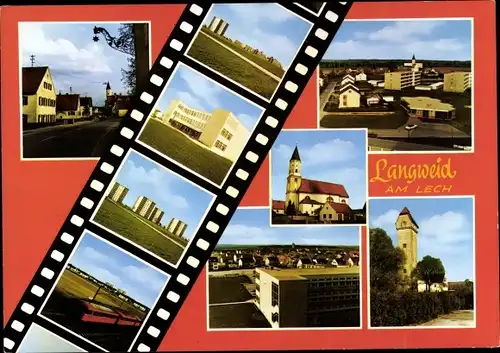 Ak Langweid am Lech, Teilansichten, Hochhäuser, Kirchen