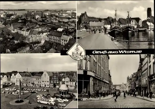 Ak Hansestadt Wismar, Hafen und Überseehafen, Am Markt, Wasserkunst, Krämerstraße