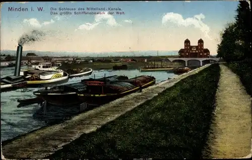 Ak Minden in Westfalen, Schleuse Mittelland-Kanal, größtes Schiffshebewerk der Welt, Dampfschiff