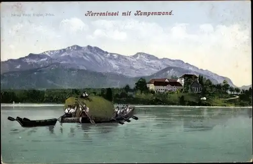 Ak Herrenchiemsee Herreninsel Chiemsee Oberbayern, Blick über den See, Ruderboot