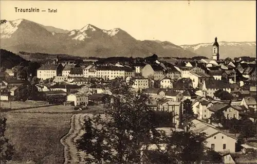 Ak Traunstein in Oberbayern, Totalansicht, Kirche, Berge