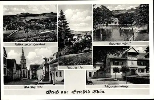 Ak Gersfeld in der Rhön Hessen, Marktplatz, Schwimmbad, Jugendherberge, Teilansicht