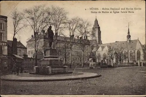 Ak Düren im Rheinland, Moltke Denkmal und Marien Kirche