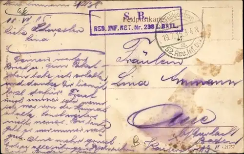 Ak Stempel Deutsche Feldpost 1. WK, 52. Res. Inf. Div., Res. Inf. Regt. Nr. 238 I. Batl.