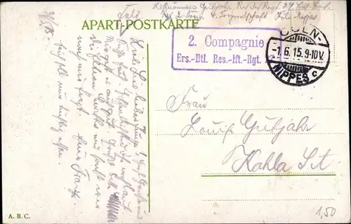 Ak Stempel Deutsche Feldpost 1. WK, Köln Nippes, 2. Compagnie Ers. Btl. Res. Inft. Regt. 27