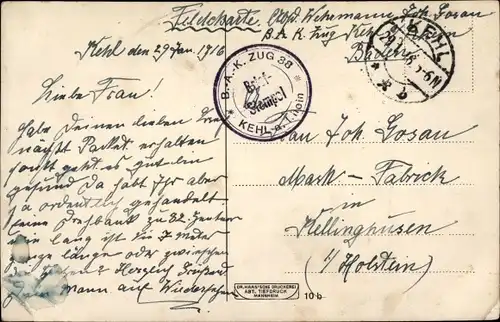 Ak Stempel Deutsche Feldpost 1. WK, Kehl am Rhein, B. A. K. Zug 38
