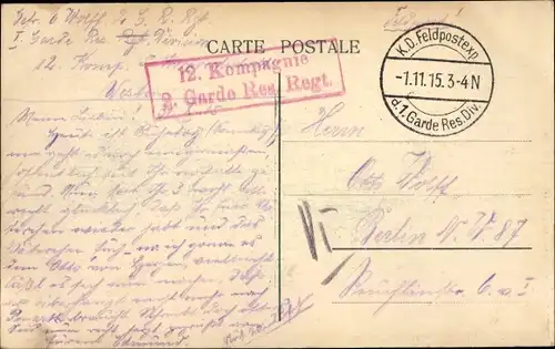 Ak Stempel Deutsche Feldpost 1. WK, 1. Garde Res. Div., 12. Kompagnie 2. Garde Res. Regt.