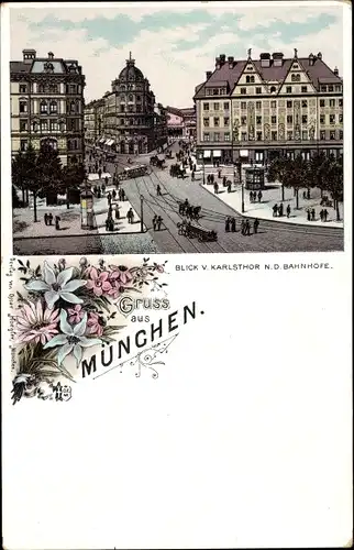 Litho München Bayern, Blick zum Bahnhof vom Karlstor aus