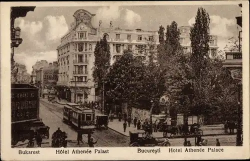 Ak București Bukarest Rumänien, Hotel Athenee Palast, Straßenbahn