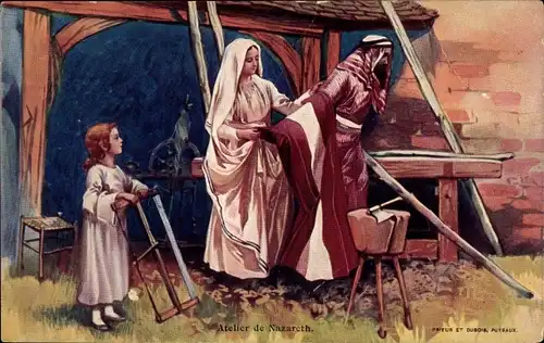 Künstler Ak Atelier de Nazareth, Schreinerwerkstatt, Heilige Familie