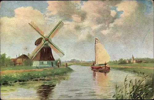 Künstler Ak Flusslandschaft mit Segelboot und Windmühle