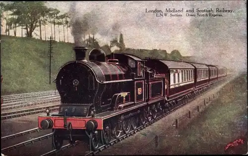 Ak Britische Eisenbahn, London, Midland and Scottish Railway, Down Scotch Express, Dampflok