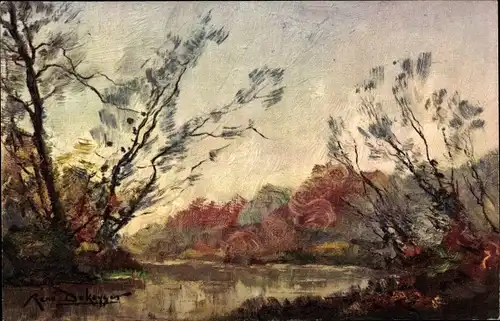 Künstler Ak Landschaft mit Gewässer und Herbstbäumen