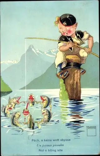 Künstler Ak Minouvis, Schlafender Angler, Fische, Berge