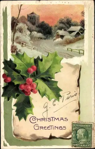 Präge Litho Glückwunsch Weihnachten, Winterlandschaft, Stechpalmenzweige