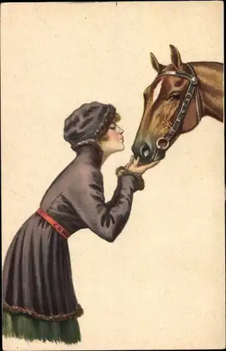Künstler Ak Junge Frau küsst Pferd auf die Nüstern