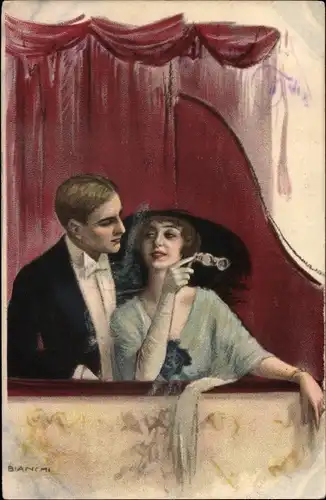Künstler Ak Bianchi, Paar in einer Loge, Theaterglas