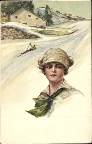 Künstler Ak Portrait einer jungen Frau, beim Skifahren, Sturz