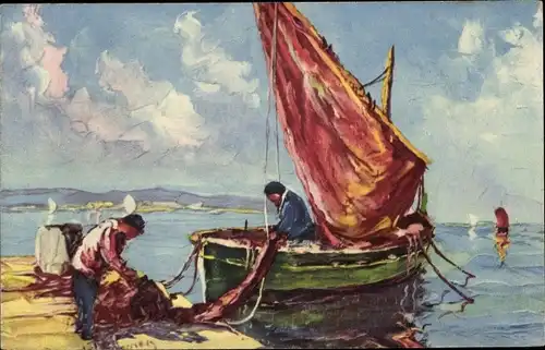 Künstler Ak Schweiz, Fischerboot an der Anlegestelle