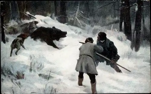 Künstler Ak Stepanoff, A., Russland, Bärenjagd im Winter, a la taniere