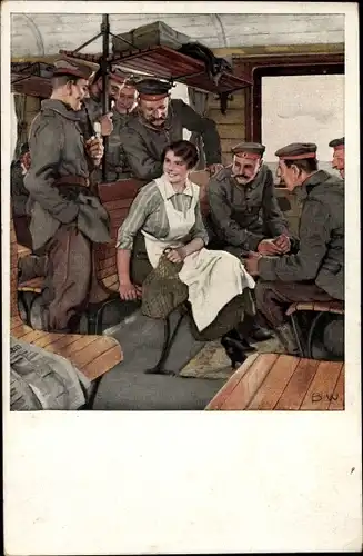 Künstler Ak Wennerberg, Bruno, Urlaubsfahrt, Frau mit Soldaten im Bahnabteil