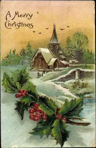 Präge Litho Glückwunsch Weihnachten, Kirche im Winter, Stechpalmenzweige