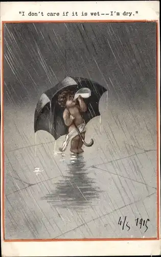 Künstler Ak I don't care if it is wet, Kleinkind mit Regenschirm und Milchflasche