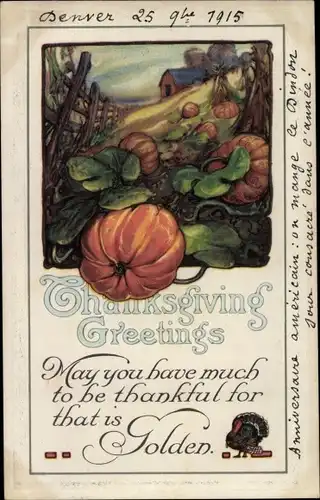 Präge Ak Thanksgiving Greetings, Kürbisfeld, Truthahn