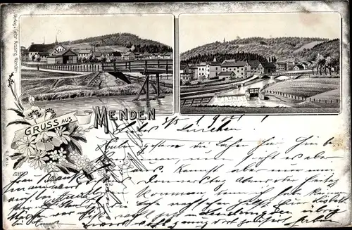 Litho Menden im Sauerland, Flusspartie, Wehr, Brücke